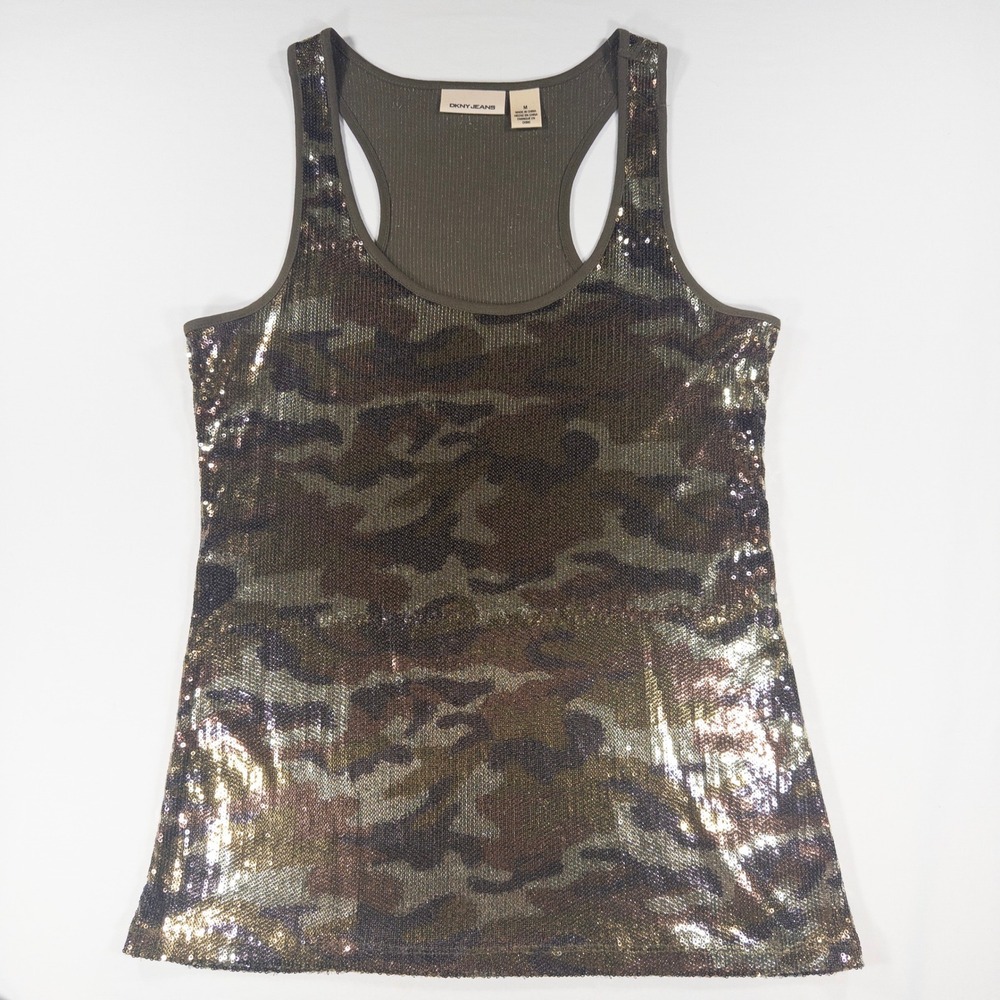 DKNY Jeans Womens Camo Sequin Racerback Tank Top Olive Green Size M Y2K Military